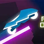 Xe máy màu xanh neon chạy trên đường dốc màu tím với dòng chữ Rider Online