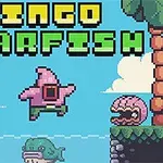 Hình ảnh có các ký tự hoạt hình pixel với một ngôi sao biển màu hồng đang nhảy, cạnh một sinh vật màu xanh lá và một sinh vật có vỏ màu hồng, bên dưới là một con cá voi nhỏ màu xanh nhạt