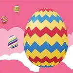 Trứng đầy màu sắc với các họa tiết zigzag và sọc nổi bật trên nền hồng với những đám mây trắng