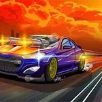 Xe ô tô thể thao màu xanh tím với súng gắn trên mui xe đang phóng nhanh trên đường, nền trời có tông màu đỏ cam rực rỡ