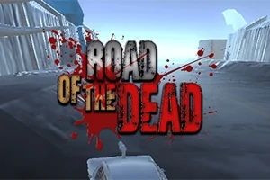 Hình ảnh hiển thị dòng chữ Road of the Dead với vết máu trên nền đường ray, hai bên là các cấu trúc giống tòa nhà