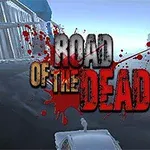 Hình ảnh hiển thị dòng chữ Road of the Dead với vết máu trên nền đường ray, hai bên là các cấu trúc giống tòa nhà