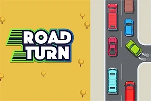 Logo Road Turn trên nền màu vàng cùng hình ảnh các xe ô tô đang di chuyển trên đường