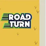 Logo Road Turn trên nền màu vàng cùng hình ảnh các xe ô tô đang di chuyển trên đường