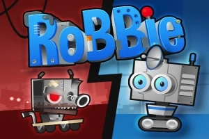 Hai robot có biểu cảm khác nhau và dòng chữ RoBBie nổi bật trên nền đỏ và xanh lam
