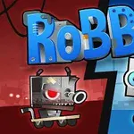 Hai robot có biểu cảm khác nhau và dòng chữ RoBBie nổi bật trên nền đỏ và xanh lam