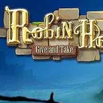 Văn bản Robin Hood: Give and Take nổi bật trên nền trời xanh và một lâu đài xa xa