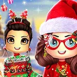 Hai nhân vật hoạt hình mặc trang phục Giáng Sinh với nền cảnh mùa đông trang trí nổi bật với kẹo gậy và người tuyết