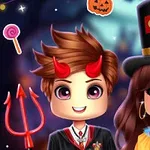 Hai nhân vật hoạt hình dễ thương, một người hóa trang thành ác quỷ nhỏ với sừng đỏ và cây đinh ba, người kia mặc trang phục xiếc với mũ chóp cao
