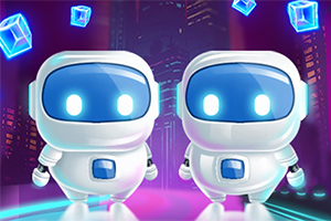 Hai robot dễ thương đứng cạnh nhau với nền thành phố tương lai và các khối lập phương ánh sáng xanh bay lơ lửng