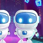 Hai robot dễ thương đứng cạnh nhau với nền thành phố tương lai và các khối lập phương ánh sáng xanh bay lơ lửng