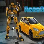 Một robot màu vàng đứng cạnh xe ô tô màu vàng trong garage với dòng chữ RoboRacing