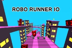 Một đường chạy màu hồng sáng đi qua thành phố với các tòa nhà cao tầng, có chữ ROBO RUNNER IO phía trên