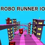 Một đường chạy màu hồng sáng đi qua thành phố với các tòa nhà cao tầng, có chữ ROBO RUNNER IO phía trên