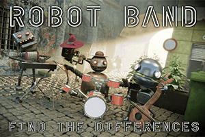 Bốn robot đang chơi nhạc cụ trên đường phố lát đá, có tiêu đề Robot Band và Find the Differences