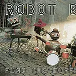 Bốn robot đang chơi nhạc cụ trên đường phố lát đá, có tiêu đề Robot Band và Find the Differences