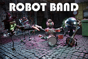 Bốn robot đang chơi nhạc cụ trên đường phố lát đá với ánh sáng neon, tiêu đề ROBOT BAND xuất hiện phía trên