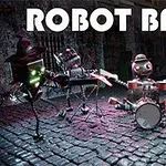 Bốn robot đang chơi nhạc cụ trên đường phố lát đá với ánh sáng neon, tiêu đề ROBOT BAND xuất hiện phía trên