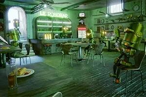 Bên trong quán bar với vài con robot ngồi, ánh sáng xanh lục, bảng hiệu Le Robobar