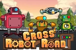 Ba robot có màu sắc và hình dạng khác nhau đứng trên đường với bối cảnh rừng cây và bầu trời hoàng hôn, cùng tiêu đề Cross Robot Road phía trước