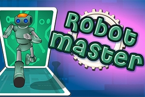Hình ảnh một robot đang chạy ra từ màn hình, bên cạnh chữ Robot master trên nền màu tím và xanh