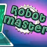 Hình ảnh một robot đang chạy ra từ màn hình, bên cạnh chữ Robot master trên nền màu tím và xanh