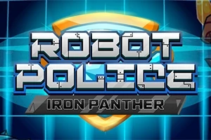 Chữ Robot Police Iron Panther với phông chữ kim loại trên nền xanh và biểu tượng khiên màu vàng