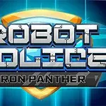 Chữ Robot Police Iron Panther với phông chữ kim loại trên nền xanh và biểu tượng khiên màu vàng