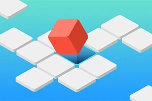 Khối lập phương màu đỏ trôi nổi trên các ô vuông trắng trên nền màu xanh lam