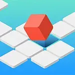 Khối lập phương màu đỏ trôi nổi trên các ô vuông trắng trên nền màu xanh lam
