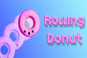 Hình ảnh gồm bánh donut màu hồng có khuôn mặt dễ thương và dòng chữ Rolling Donut trên nền xanh