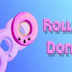 Hình ảnh gồm bánh donut màu hồng có khuôn mặt dễ thương và dòng chữ Rolling Donut trên nền xanh