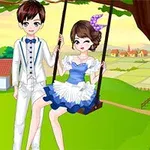 Cậu bé và cô gái trong trang phục lễ hội đang ngồi trên xích đu dưới tán cây trong khung cảnh đồng quê