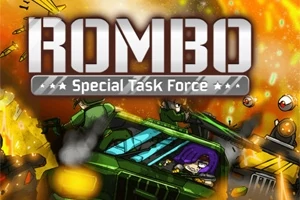Hình ảnh có dòng chữ “ROMBO Special Task Force” với bối cảnh xe quân sự màu xanh lá cây trong cảnh chiến đấu đầy lửa và vụ nổ