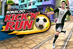 Một người đàn ông đang chạy trên đường phố với quả bóng đá, kèm theo dòng chữ Kick N Run