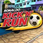 Một người đàn ông đang chạy trên đường phố với quả bóng đá, kèm theo dòng chữ Kick N Run