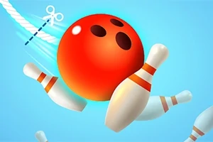Hình ảnh của một quả bóng bowling màu đỏ va chạm với các con ki trong không gian màu xanh sáng