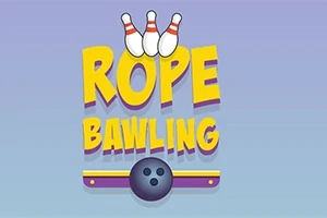 Chữ ROPE BAWLING màu vàng và tím với hình ảnh quả bóng bowling và ba cây ki bowling phía trên