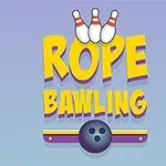 Chữ ROPE BAWLING màu vàng và tím với hình ảnh quả bóng bowling và ba cây ki bowling phía trên