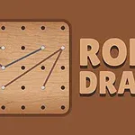 Bảng đục lỗ bằng gỗ với dây thừng nối giữa các điểm, bên cạnh là chữ ROPE DRAW