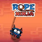 Một ninja hoạt hình màu xanh treo trên dây thừng với nền màu cam và dòng chữ Rope Ninja phía trên