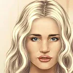 Người phụ nữ với mái tóc vàng xoăn nhẹ và đôi mắt xanh, trên nền màu sáng và có hoa trang trí