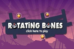 Hình ảnh có nền màu tím với chữ ROTATING BONES và ba ngôi sao vàng bên trong bong bóng, cùng khung cảnh núi non mờ ảo