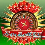 Hình ảnh có bánh xe màu đỏ và đen với dải ruy băng màu đỏ ghi chữ Roulette cùng các ngôi sao vàng và đỏ nổi bật phía trên