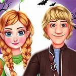 Hai nhân vật hoạt hình đứng cạnh nhau với các chi tiết Halloween như bí ngô, nền trang trí với cành cây đen và dơi