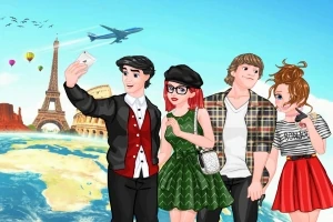 Bốn nhân vật hoạt hình trẻ tuổi chụp ảnh selfie trước các địa danh nổi tiếng như tháp Eiffel và Đấu trường La Mã, bầu trời trong xanh với máy bay và khinh khí cầu bay qua