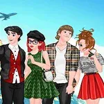 Bốn nhân vật hoạt hình trẻ tuổi chụp ảnh selfie trước các địa danh nổi tiếng như tháp Eiffel và Đấu trường La Mã, bầu trời trong xanh với máy bay và khinh khí cầu bay qua