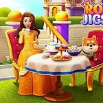 Một người phụ nữ mặc váy vàng và một chú chó đang ngồi trước bàn đầy bánh ngọt trong khu vườn với lâu đài phía sau
