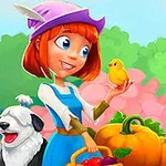 Cô gái tóc đỏ đội mũ tím cầm chim vàng, cạnh một chú chó đen trắng đang vui vẻ và giỏ trái cây với bí ngô