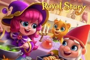 Royal Story Nhân vật hoạt hình vui vẻ trong trang phục ma thuật đang nấu ăn cùng với một người lùn và một con gấu nhỏ, với tiêu đề Royal Story ở phía trên